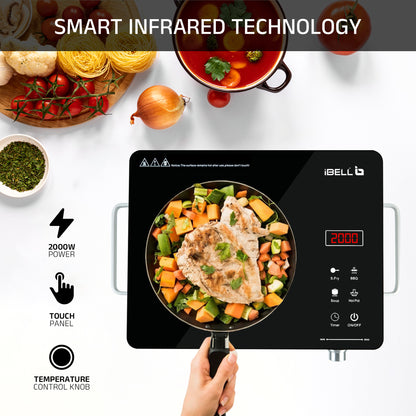 iBELL IBL CROWN 22 Infrared Induction Cooktop – 2000W, Temperature Control, Touch Panel, High Energy Efficient, Strong Handle, Compatible with all Cookwares (Black)