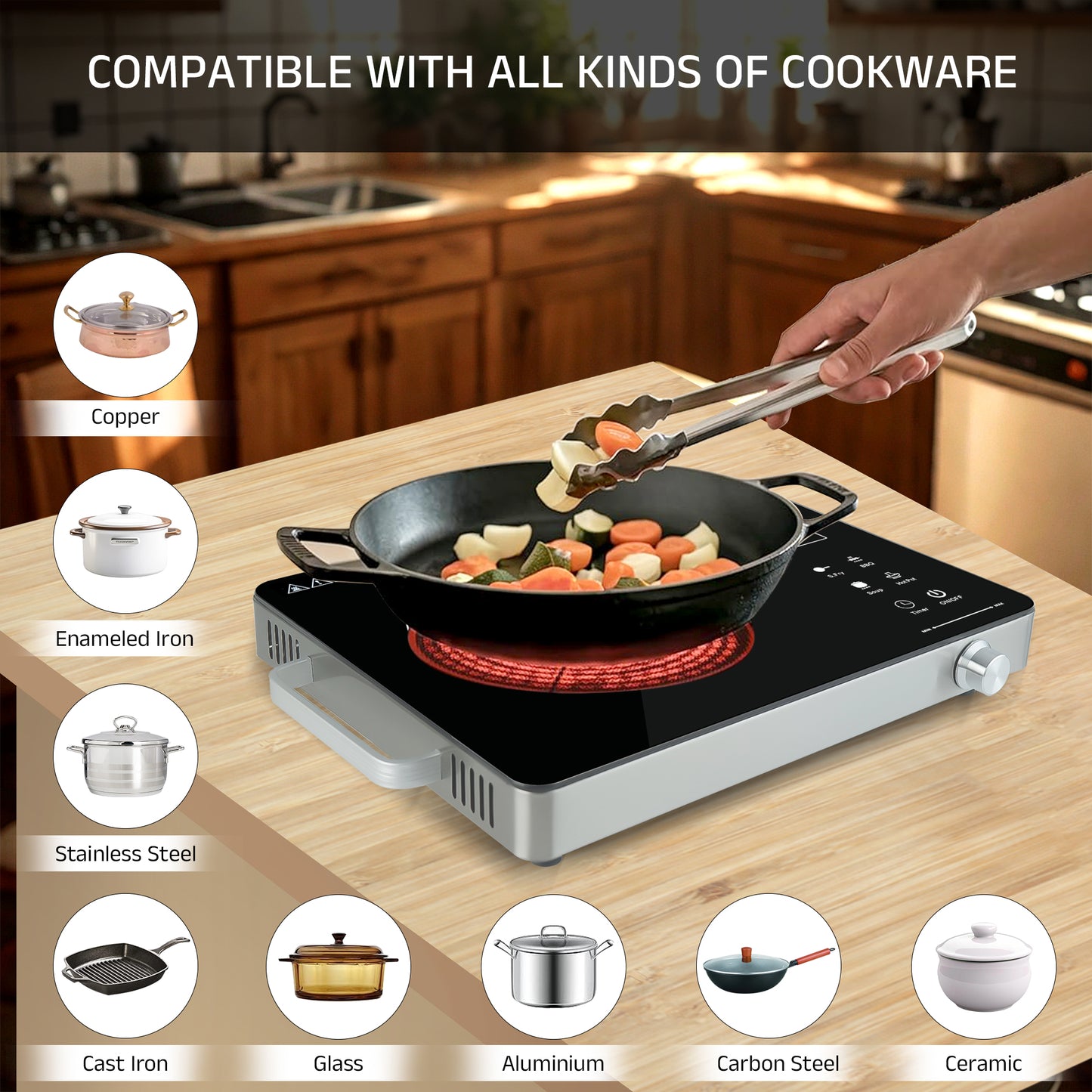 iBELL IBL CROWN 22 Infrared Induction Cooktop – 2000W, Temperature Control, Touch Panel, High Energy Efficient, Strong Handle, Compatible with all Cookwares (Black)