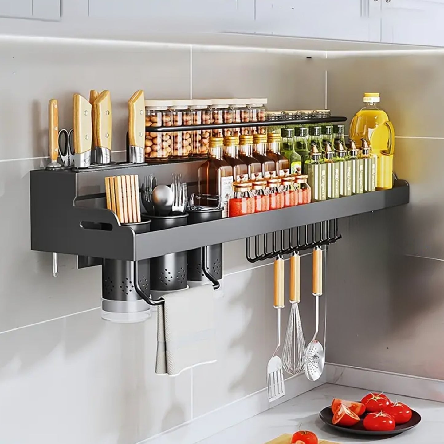iBELL Multifunctional Wall-Mounted Kitchen Storage Organizer Rack with Spice Shelf, Utensil Hooks & Holder - (IBLDH280)