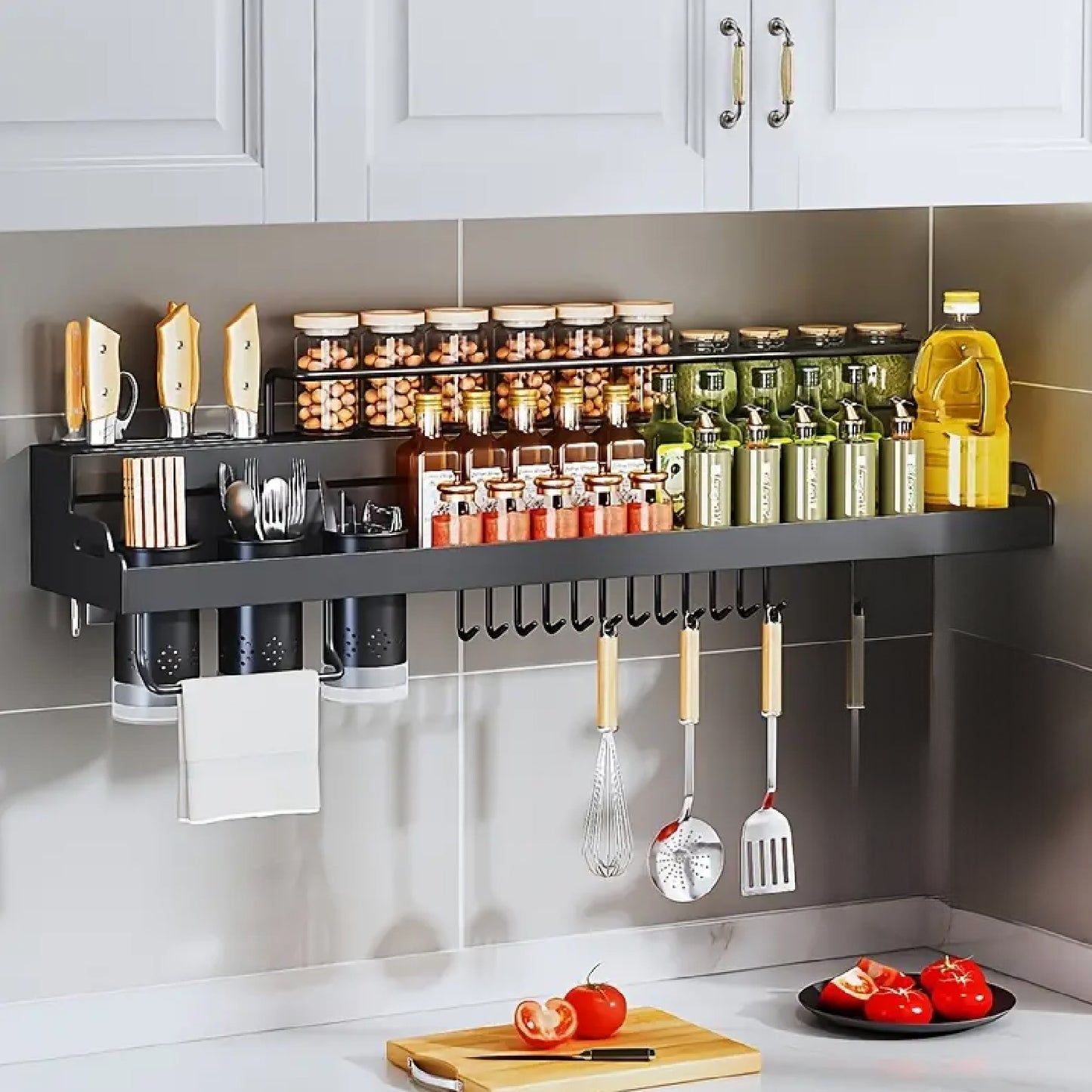 iBELL Multifunctional Wall-Mounted Kitchen Storage Organizer Rack with Spice Shelf, Utensil Hooks & Holder - (IBLDH280)