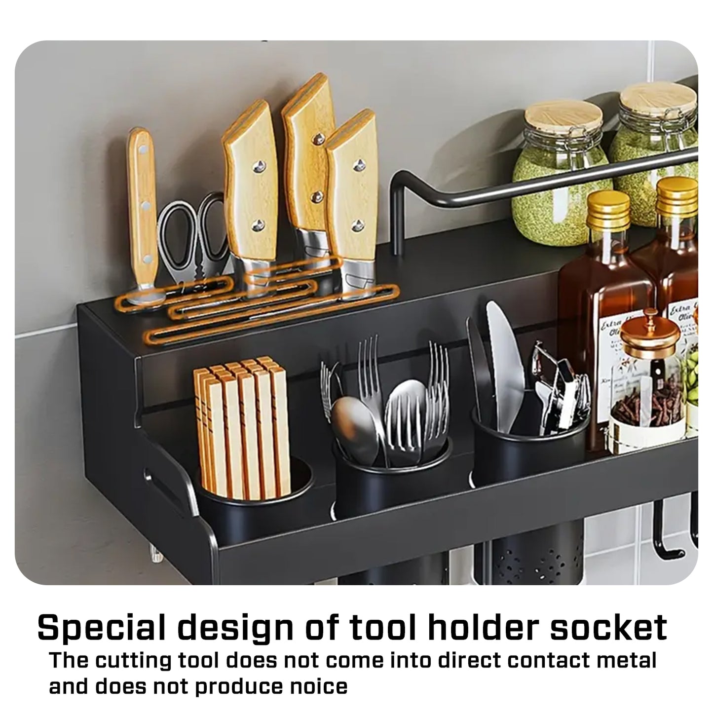 iBELL Multifunctional Wall-Mounted Kitchen Storage Organizer Rack with Spice Shelf, Utensil Hooks & Holder - (IBLDH280)