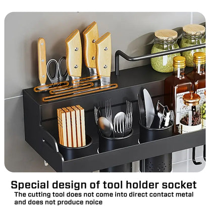 iBELL Multifunctional Wall-Mounted Kitchen Storage Organizer Rack with Spice Shelf, Utensil Hooks & Holder - (IBLDH280)