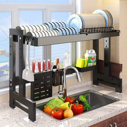 IBELL DR193SM Dish Rack for Kitchen, Adjustable Length Bartan Stand for Drying, Carbon Steel, Kitchen Organizer/Drainer Shelf/Knife Rack/Cutting Board & Sponge Basket/Utensils Storage (Black)