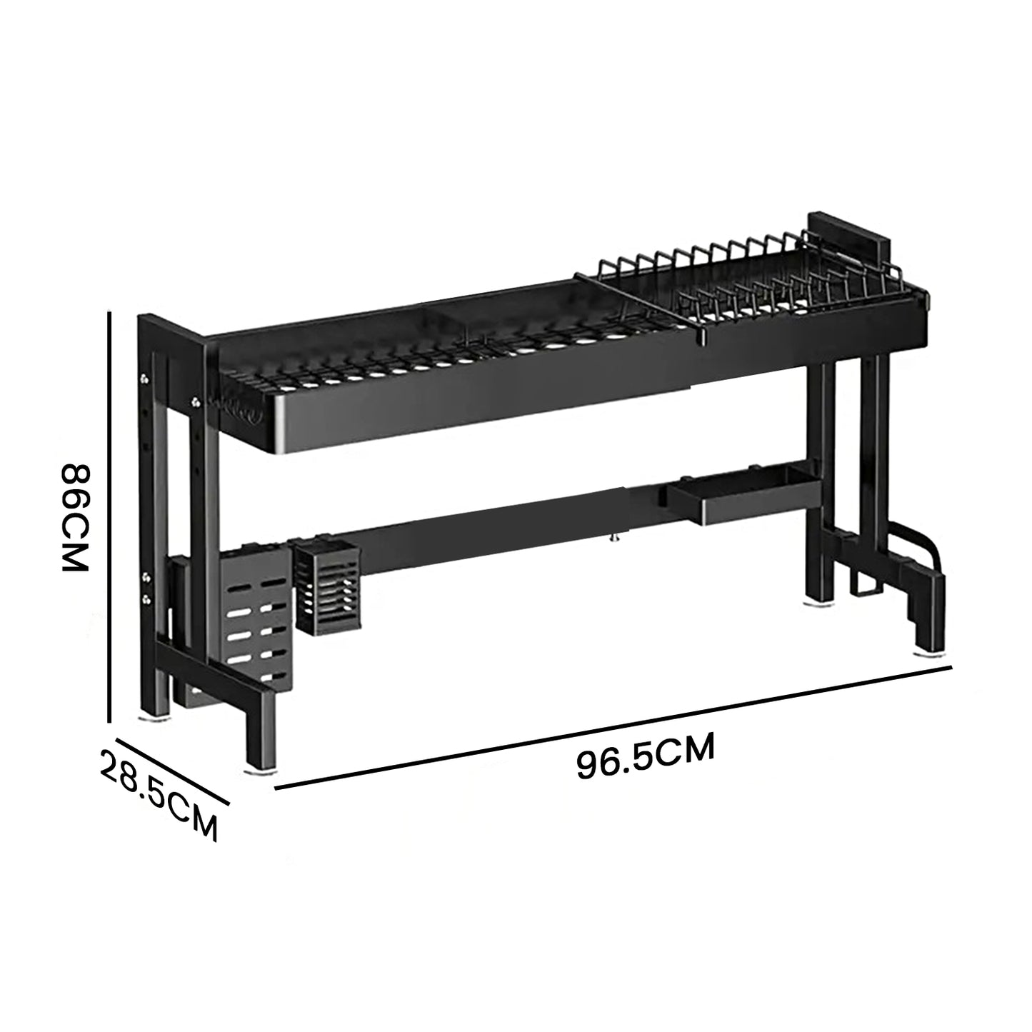IBELL DR193SM Dish Rack for Kitchen, Adjustable Length Bartan Stand for Drying, Carbon Steel, Kitchen Organizer/Drainer Shelf/Knife Rack/Cutting Board & Sponge Basket/Utensils Storage (Black)