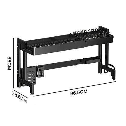 IBELL DR193SM Dish Rack for Kitchen, Adjustable Length Bartan Stand for Drying, Carbon Steel, Kitchen Organizer/Drainer Shelf/Knife Rack/Cutting Board & Sponge Basket/Utensils Storage (Black)