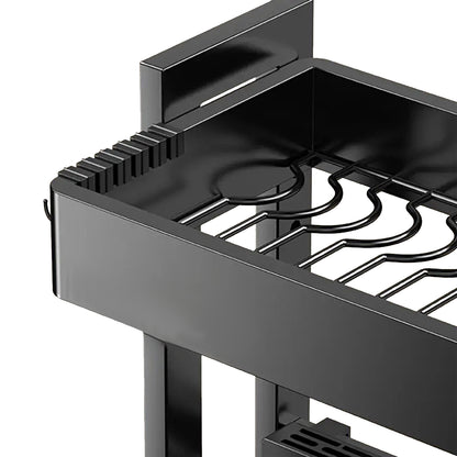 IBELL DR193SM Dish Rack for Kitchen, Adjustable Length Bartan Stand for Drying, Carbon Steel, Kitchen Organizer/Drainer Shelf/Knife Rack/Cutting Board & Sponge Basket/Utensils Storage (Black)