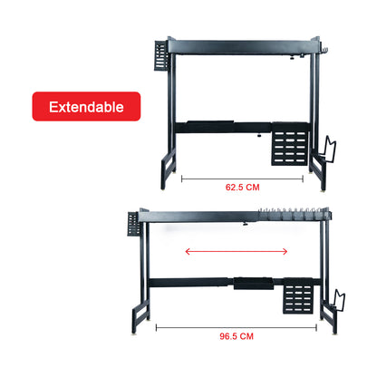 IBELL DR193SM Dish Rack for Kitchen, Adjustable Length Bartan Stand for Drying, Carbon Steel, Kitchen Organizer/Drainer Shelf/Knife Rack/Cutting Board & Sponge Basket/Utensils Storage (Black)
