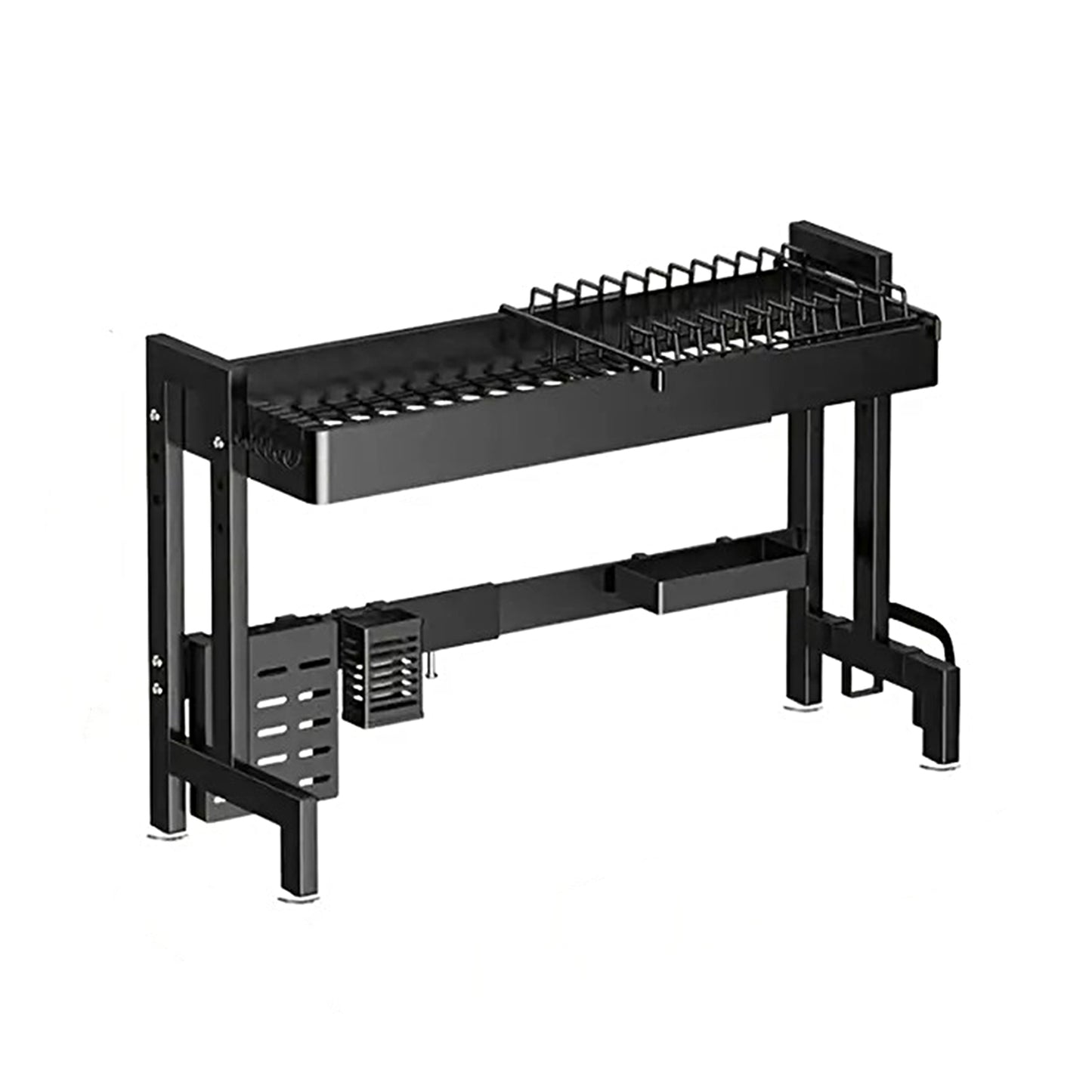 IBELL DR193SM Dish Rack for Kitchen, Adjustable Length Bartan Stand for Drying, Carbon Steel, Kitchen Organizer/Drainer Shelf/Knife Rack/Cutting Board & Sponge Basket/Utensils Storage (Black)