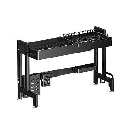 IBELL DR193SM Dish Rack for Kitchen, Adjustable Length Bartan Stand for Drying, Carbon Steel, Kitchen Organizer/Drainer Shelf/Knife Rack/Cutting Board & Sponge Basket/Utensils Storage (Black)