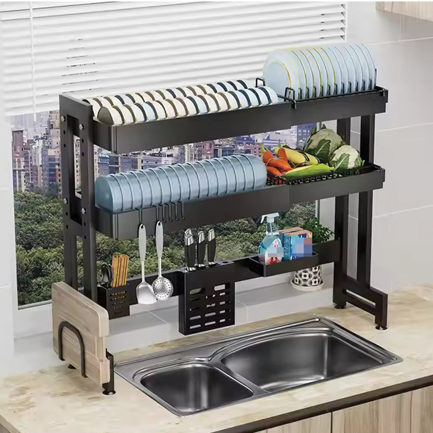 IBELL DR293SM Length Adjustable Dish Drying Rack for Kitchen, 2 Layer, Over The Sink Bartan Stand, Carbon Steel (Black)