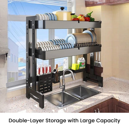 IBELL DR293SM Length Adjustable Dish Drying Rack for Kitchen, 2 Layer, Over The Sink Bartan Stand, Carbon Steel (Black)