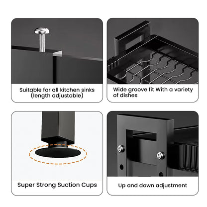 IBELL DR293SM Length Adjustable Dish Drying Rack for Kitchen, 2 Layer, Over The Sink Bartan Stand, Carbon Steel (Black)
