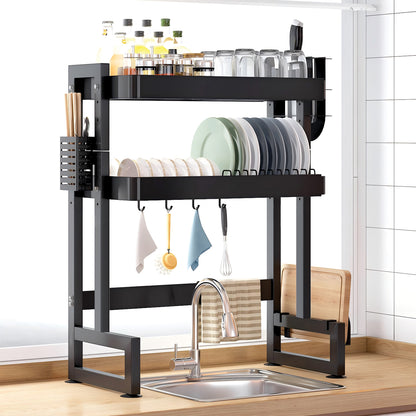 IBELL DR293SM Length Adjustable Dish Drying Rack for Kitchen, 2 Layer, Over The Sink Bartan Stand, Carbon Steel (Black)
