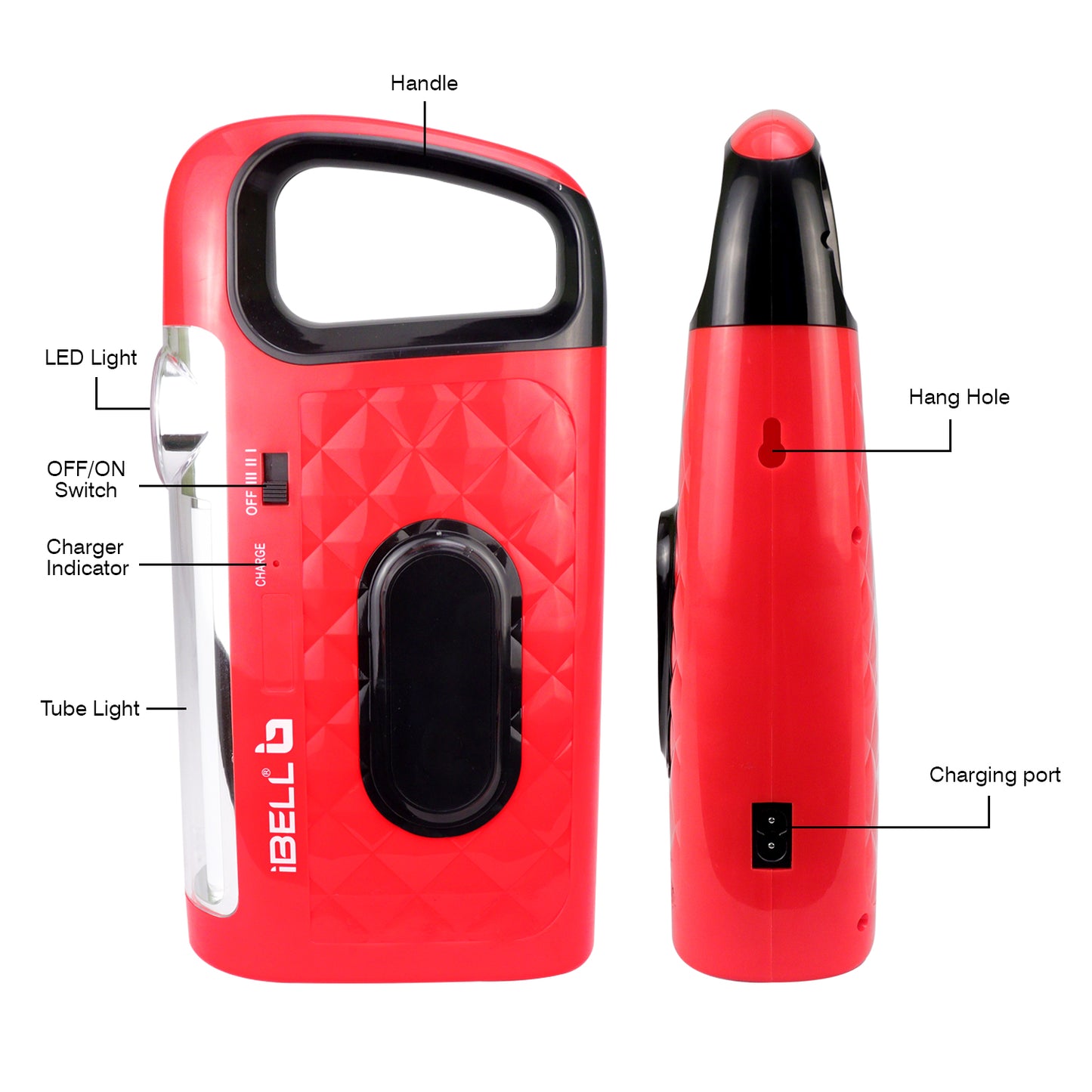 IBELL El8428Sl 2-in-1 Emergency Light, High Lumen Rechargeable with Flashlight/Torch, 15W Led Hand Lamp, 3 Light Modes (Red)