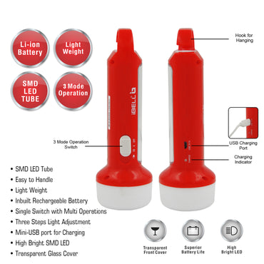 IBELL El8428Sl 2-in-1 Emergency Light, High Lumen Rechargeable with Flashlight/Torch, 15W Led Hand Lamp, 3 Light Modes (Red)