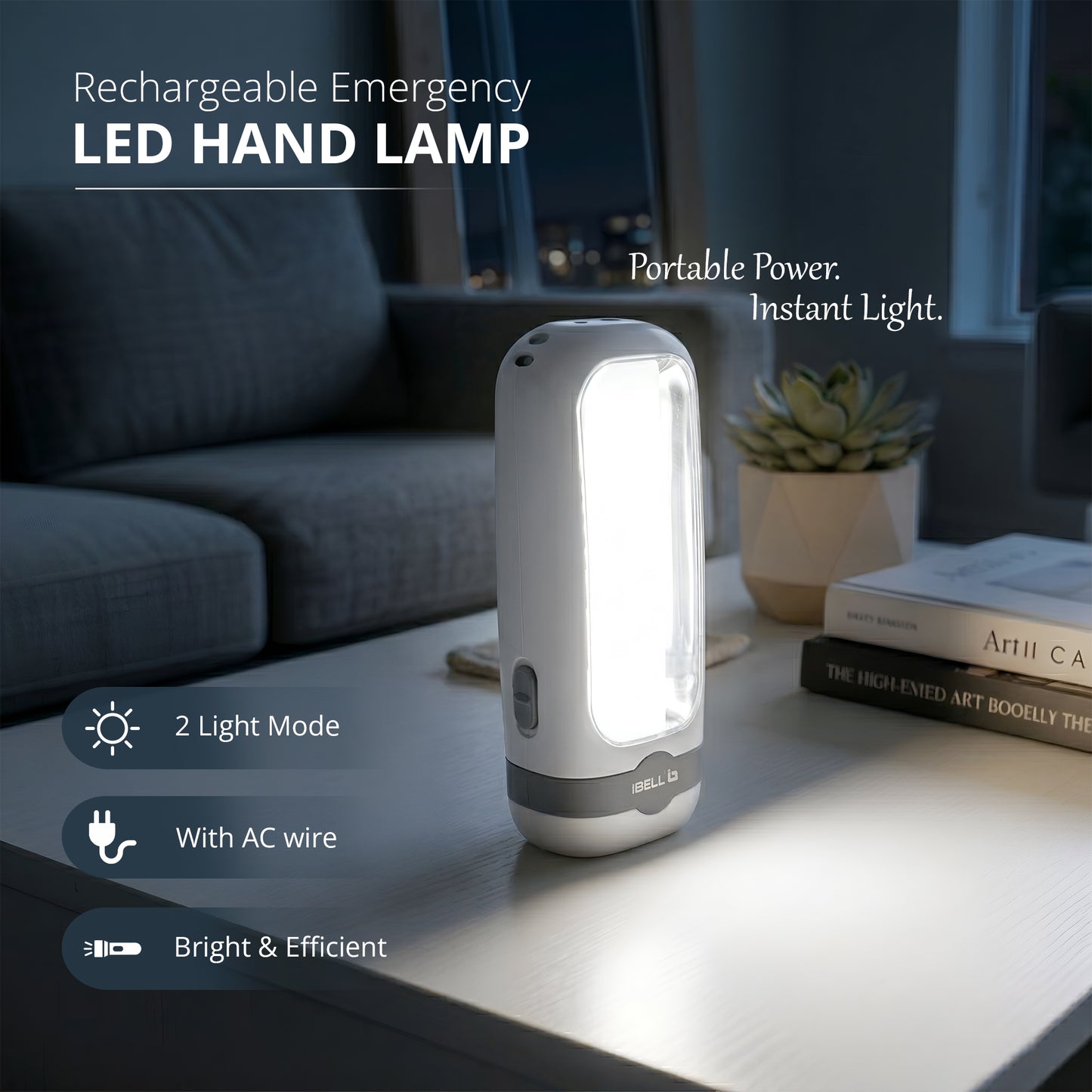IBELL EL8438SL Rechargeable Emergency Handlamp Torch, 2 Light Modes, Bright & Efficient Illumination, Portable Flashlight (White)