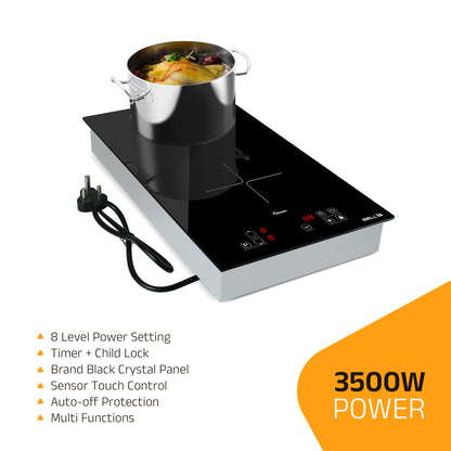 IBELL EMINENCE02 Induction Hob, Electric, 3500W, with 2 Heating Zones, Toughen Glass and Touch Controls (Black)