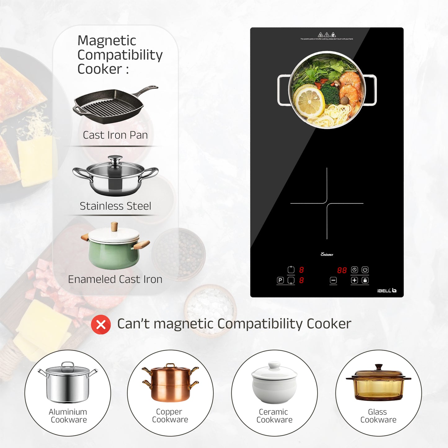 IBELL EMINENCE02 Induction Hob, Electric, 3500W, with 2 Heating Zones, Toughen Glass and Touch Controls (Black)