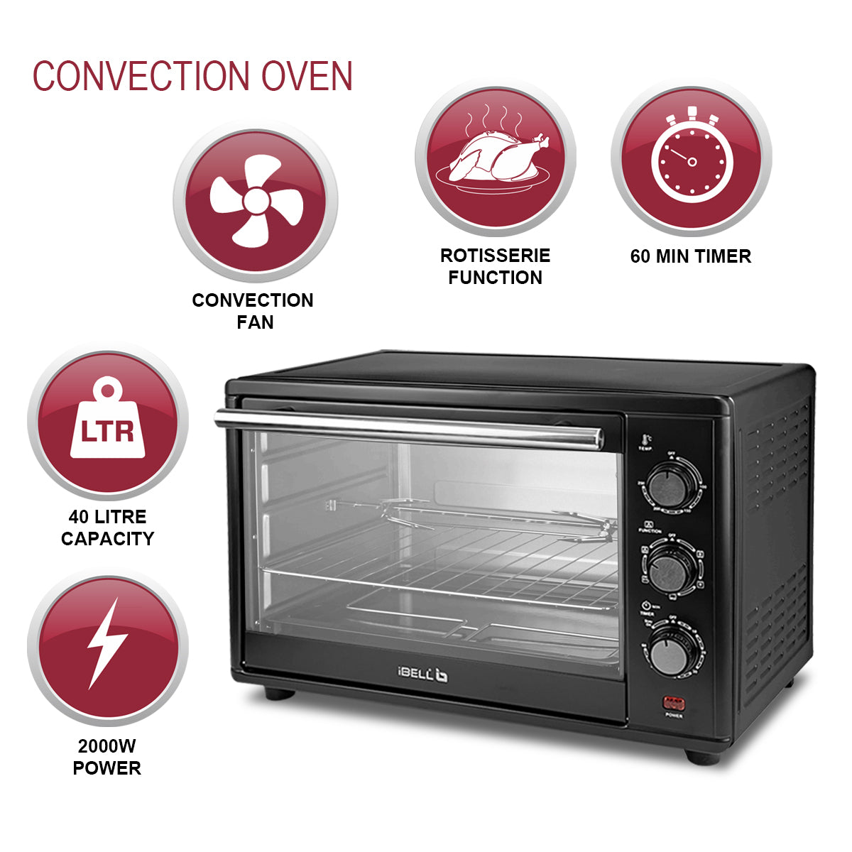 IBELL EO40LGDLX Electric Oven Toaster Grill OTG with Convection & Motorized Rotisserie, 1800 Watt, Multiple heating options, Illuminated Chamber (Black, 40 L)