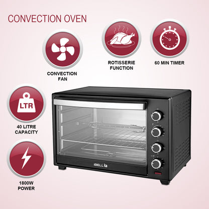 IBELL EO40LGDLX Electric Oven Toaster Grill OTG with Convection & Motorized Rotisserie, 1800 Watt, Multiple heating options, Illuminated Chamber (Black, 40 L)