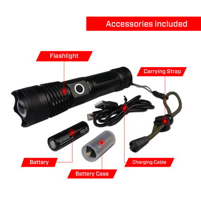 IBELL FL8360S Rechargeable LED Flashlight, Aircraft Aluminum, Telescopic Zoom, Water Resistant, Ultra Long Beam Range with 5 Light Modes (Black)