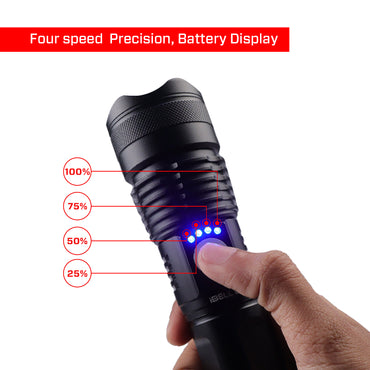 IBELL FL8360S Rechargeable LED Flashlight, Aircraft Aluminum, Telescopic Zoom, Water Resistant, Ultra Long Beam Range with 5 Light Modes (Black)