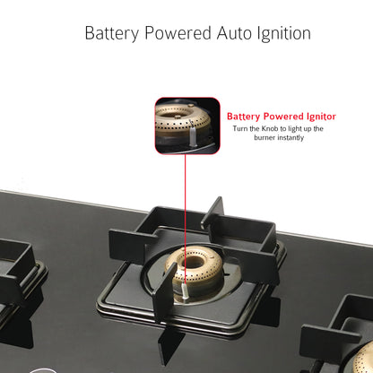 iBELL Flame 3-Burner Gas Hob with Auto Ignition – ISI Certified, Toughened Glass Top, Large Size, Brass Burners (77 x 43 x 8 cm) (Black)