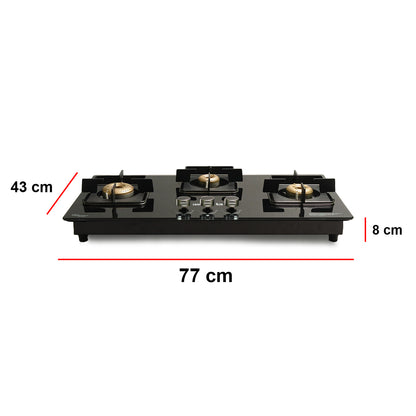 iBELL Flame 3-Burner Gas Hob with Auto Ignition – ISI Certified, Toughened Glass Top, Large Size, Brass Burners (77 x 43 x 8 cm) (Black)