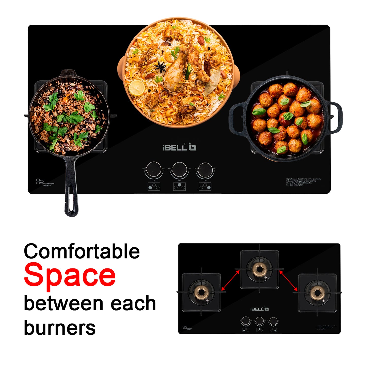 iBELL Flame 3-Burner Gas Hob with Auto Ignition – ISI Certified, Toughened Glass Top, Large Size, Brass Burners (77 x 43 x 8 cm) (Black)