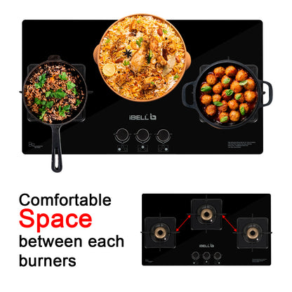 iBELL Flame 3-Burner Gas Hob with Auto Ignition – ISI Certified, Toughened Glass Top, Large Size, Brass Burners (77 x 43 x 8 cm) (Black)