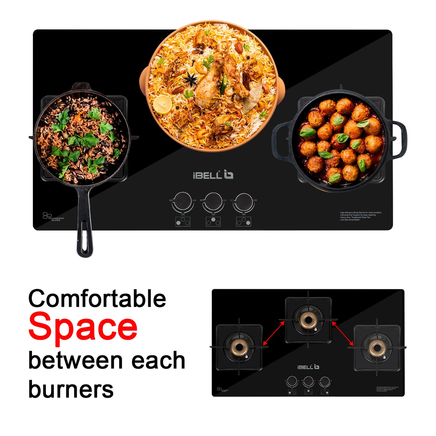 iBELL Flame 3-Burner Gas Hob with Auto Ignition – ISI Certified, Toughened Glass Top, Large Size, Brass Burners (77 x 43 x 8 cm) (Black)