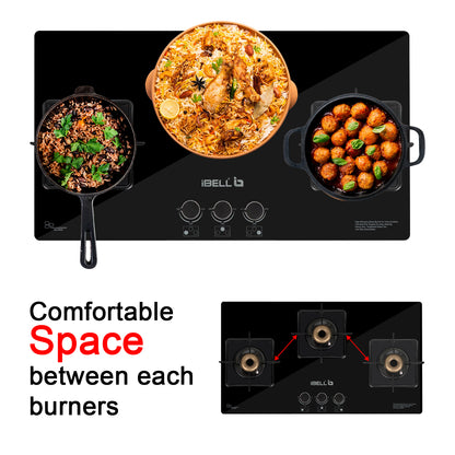 iBELL Flame 3-Burner Gas Hob with Auto Ignition – ISI Certified, Toughened Glass Top, Large Size, Brass Burners (77 x 43 x 8 cm) (Black)