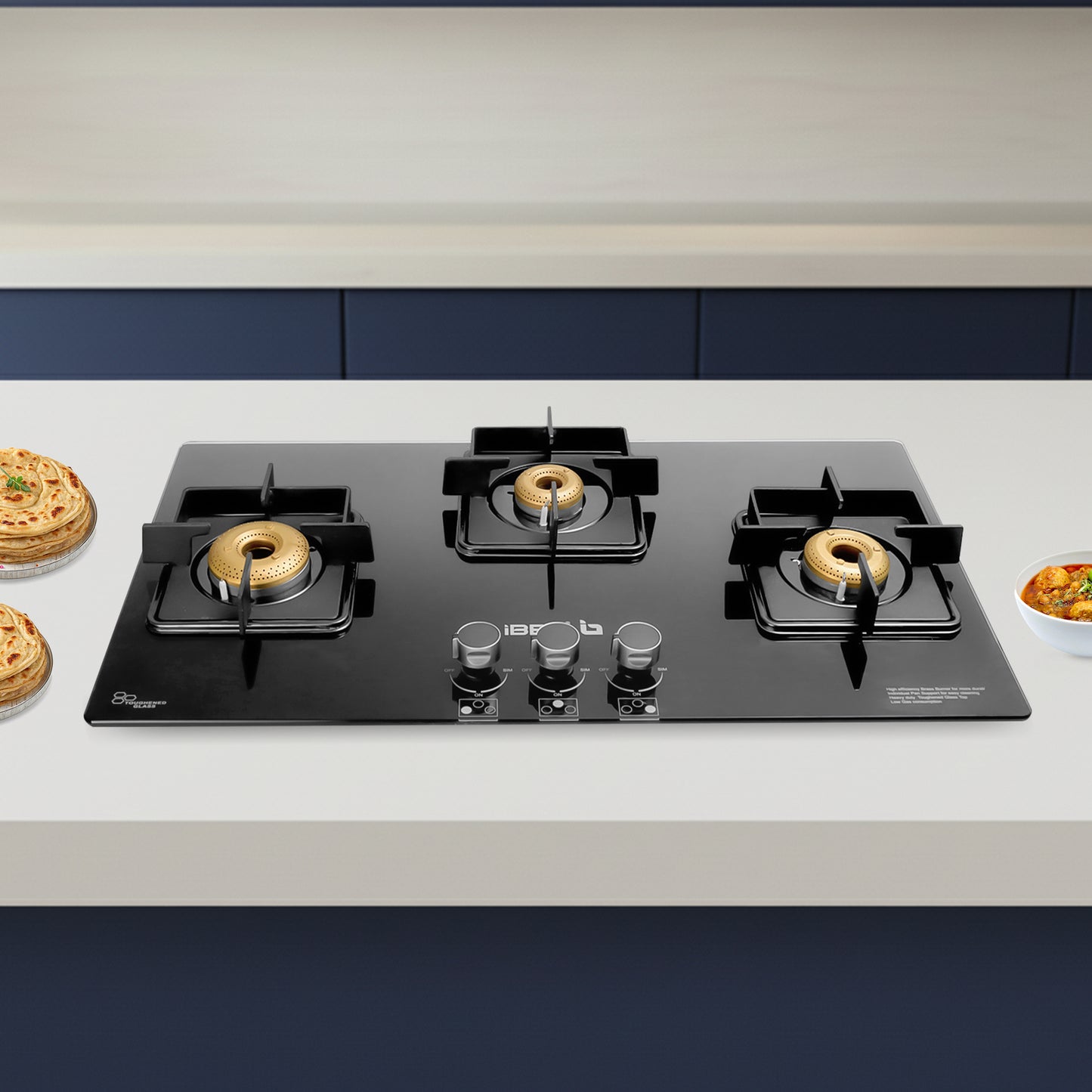 iBELL Flame 3-Burner Gas Hob with Auto Ignition – ISI Certified, Toughened Glass Top, Large Size, Brass Burners (77 x 43 x 8 cm) (Black)