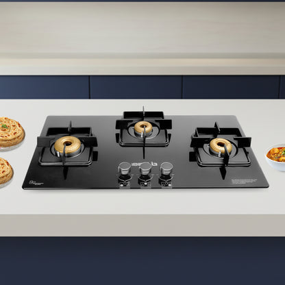 iBELL Flame 3-Burner Gas Hob with Auto Ignition – ISI Certified, Toughened Glass Top, Large Size, Brass Burners (77 x 43 x 8 cm) (Black)