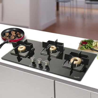 iBELL Flame 3-Burner Gas Hob with Auto Ignition – ISI Certified, Toughened Glass Top, Large Size, Brass Burners (77 x 43 x 8 cm) (Black)