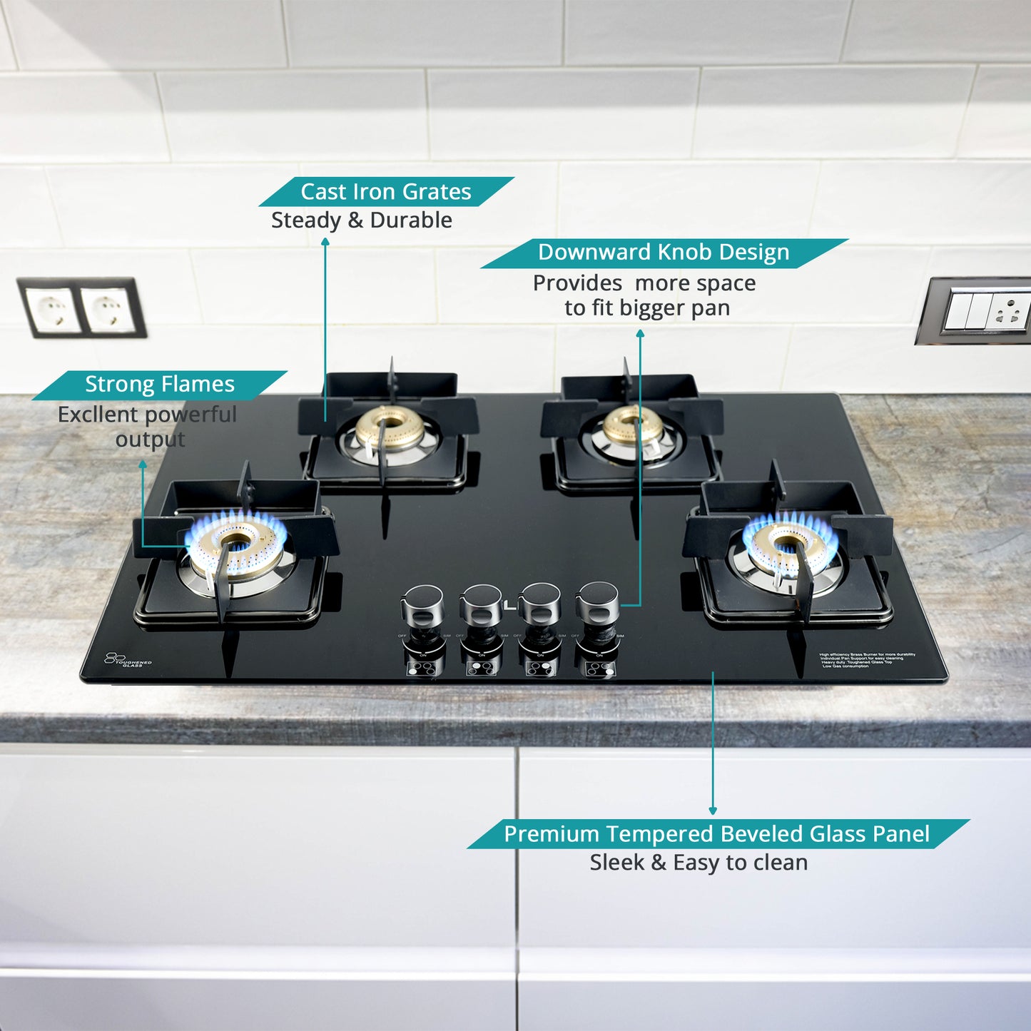 iBELL Flame 4 Burner Hob Gas Stove, Auto Ignition, Toughened Glass Top, Big Size (Brass, Black, 80 X 50 X 8 Cm)