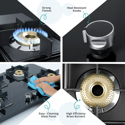 iBELL Flame 4 Burner Hob Gas Stove, Auto Ignition, Toughened Glass Top, Big Size (Brass, Black, 80 X 50 X 8 Cm)