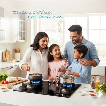 iBELL Flame 4 Burner Hob Gas Stove, Auto Ignition, Toughened Glass Top, Big Size (Brass, Black, 80 X 50 X 8 Cm)