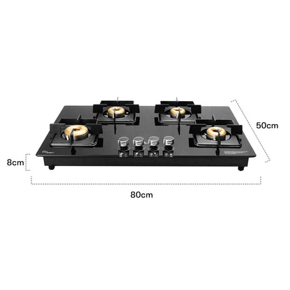 iBELL Flame 4 Burner Hob Gas Stove, Auto Ignition, Toughened Glass Top, Big Size (Brass, Black, 80 X 50 X 8 Cm)