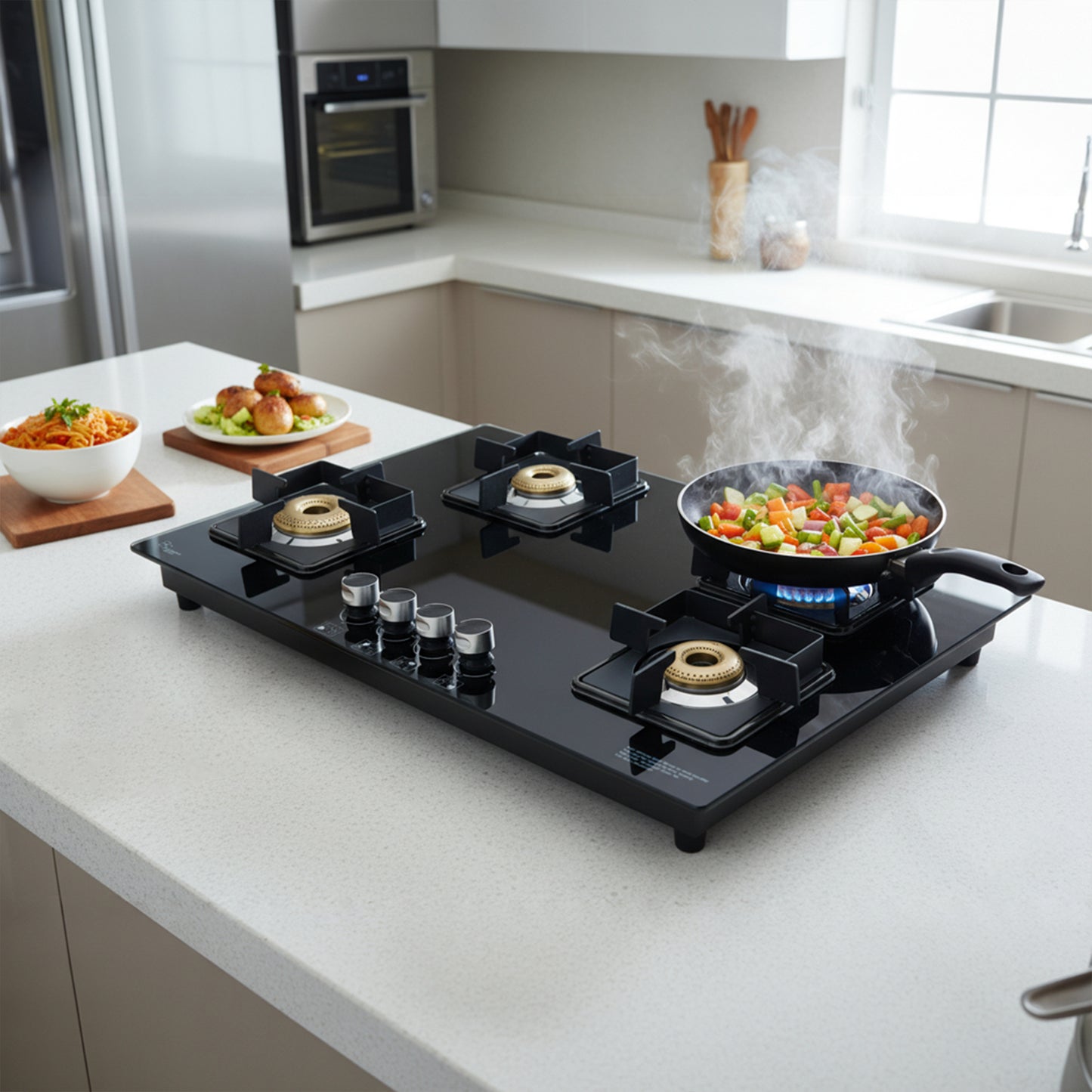 iBELL Flame 4 Burner Hob Gas Stove, Auto Ignition, Toughened Glass Top, Big Size (Brass, Black, 80 X 50 X 8 Cm)