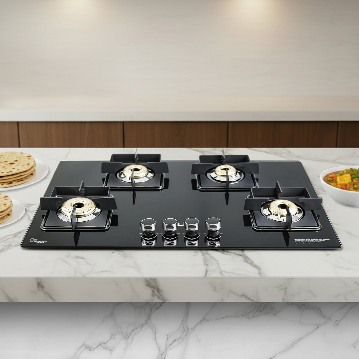 iBELL Flame 4 Burner Hob Gas Stove, Auto Ignition, Toughened Glass Top, Big Size (Brass, Black, 80 X 50 X 8 Cm)
