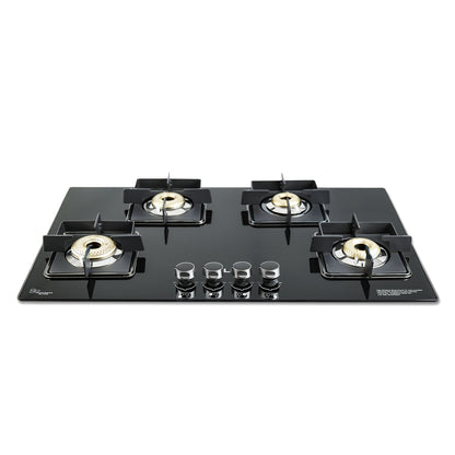 iBELL Flame 4 Burner Hob Gas Stove, Auto Ignition, Toughened Glass Top, Big Size (Brass, Black, 80 X 50 X 8 Cm)