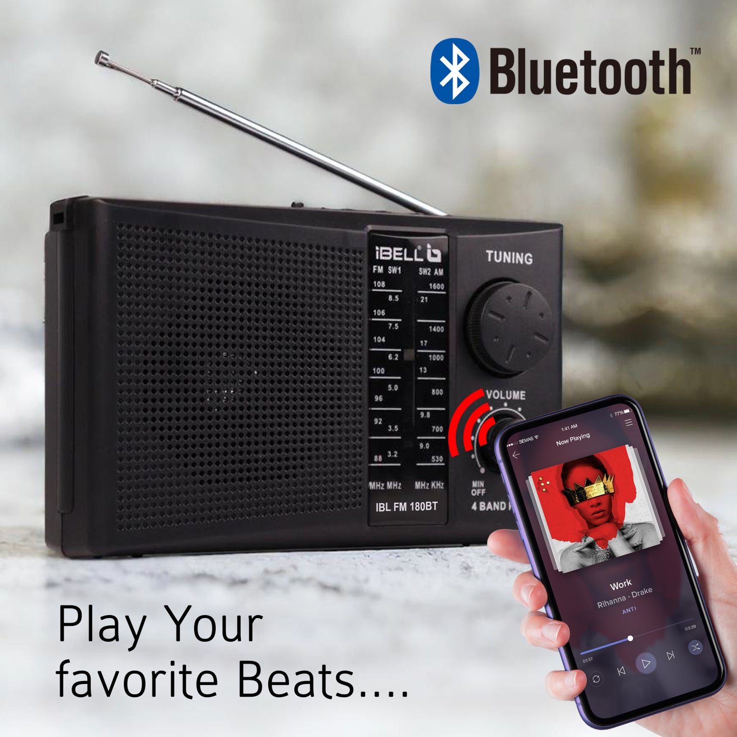 IBL FM180BT Portable 4 Band FM Radio with Bluetooth Speaker, USB/SD Slot, MP3 Player & Dynamic Speaker (Black)