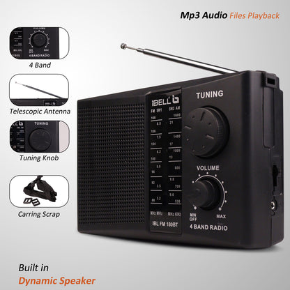 IBL FM180BT Portable 4 Band FM Radio with Bluetooth Speaker, USB/SD Slot, MP3 Player & Dynamic Speaker (Black)