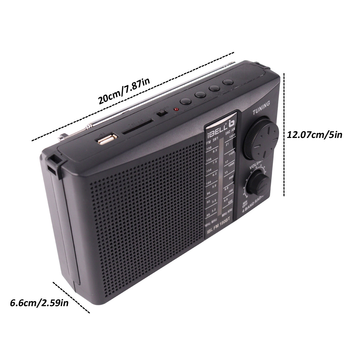 IBL FM180BT Portable 4 Band FM Radio with Bluetooth Speaker, USB/SD Slot, MP3 Player & Dynamic Speaker (Black)