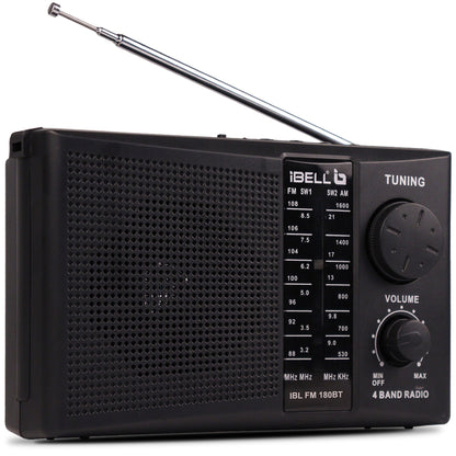 IBL FM180BT Portable 4 Band FM Radio with Bluetooth Speaker, USB/SD Slot, MP3 Player & Dynamic Speaker (Black)