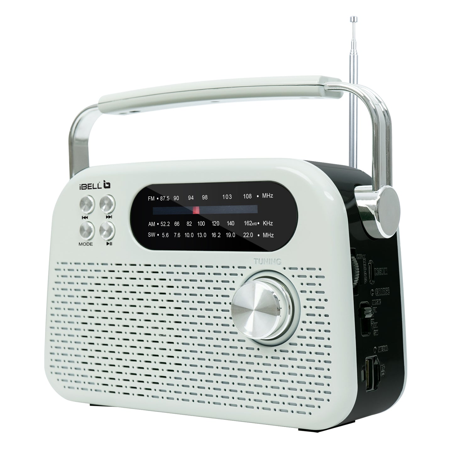 iBELL FM730BT Portable FM Radio with Bluetooth Speaker, USB, SD Slot, MP3 Player & Dynamic Speaker, 3 Band, Rechargeable with C-Type Charging Port (White)