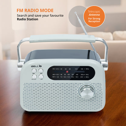 iBELL FM730BT Portable FM Radio with Bluetooth Speaker, USB, SD Slot, MP3 Player & Dynamic Speaker, 3 Band, Rechargeable with C-Type Charging Port (White)