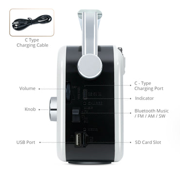 iBELL FM730BT Portable FM Radio with Bluetooth Speaker, USB, SD Slot, MP3 Player & Dynamic Speaker, 3 Band, Rechargeable with C-Type Charging Port (White)