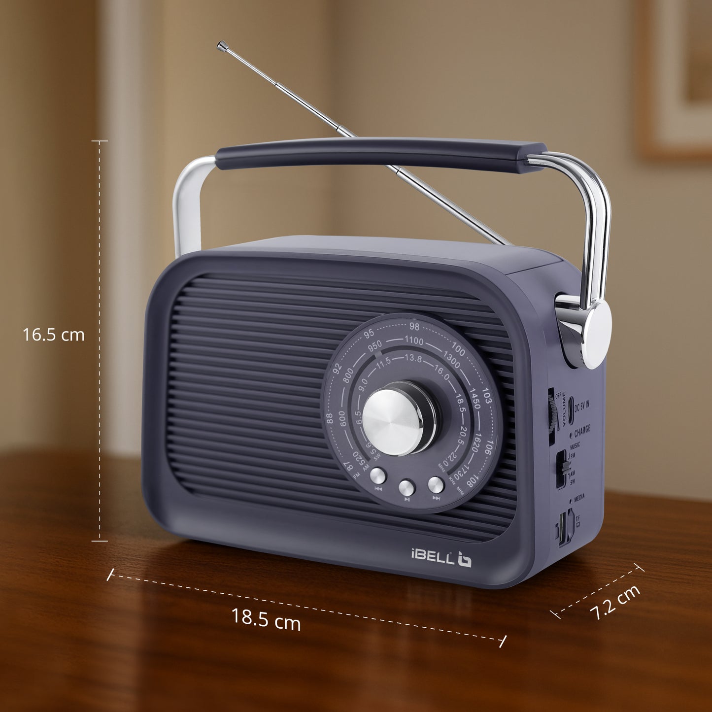 iBELL FM770BT Portable FM Radio with Bluetooth Speaker, AM/FM/SW 3-Band Tuner, USB & Micro TF Slot, MP3 Playback, Rechargeable Battery, Telescopic Antenna – Retro Style (Grey)